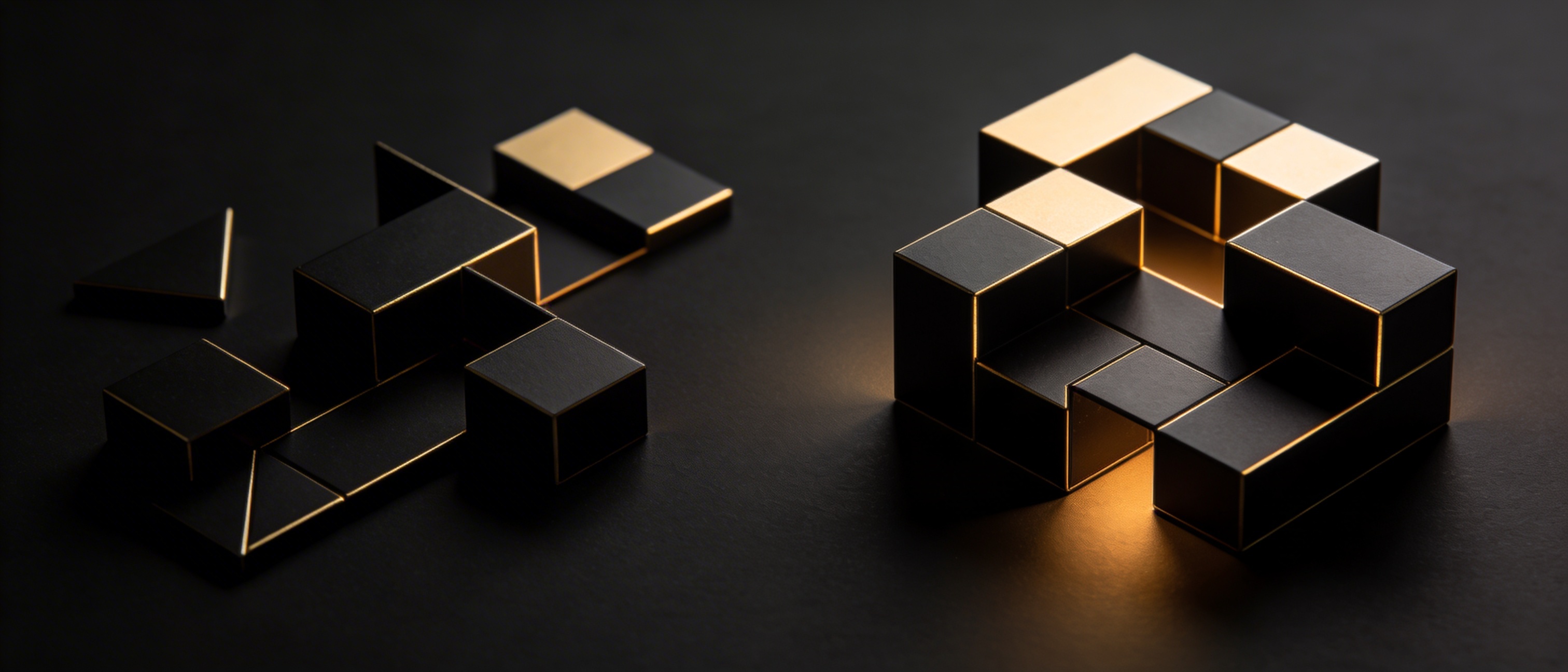 Dark geometric blocks — scattered on the left, assembled into a coherent structure on the right