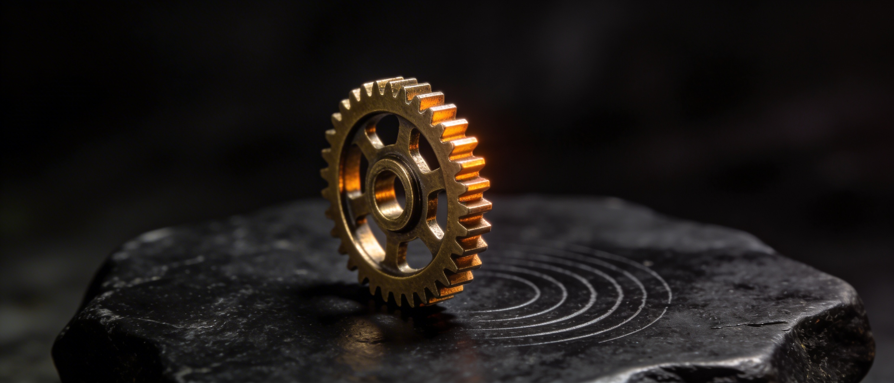 A brass gear resting on a black stone surface with faint ripple patterns