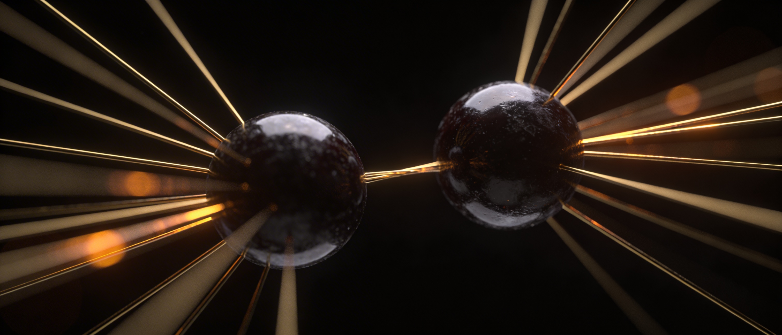 Two dark polished spheres connected by thin gold filaments