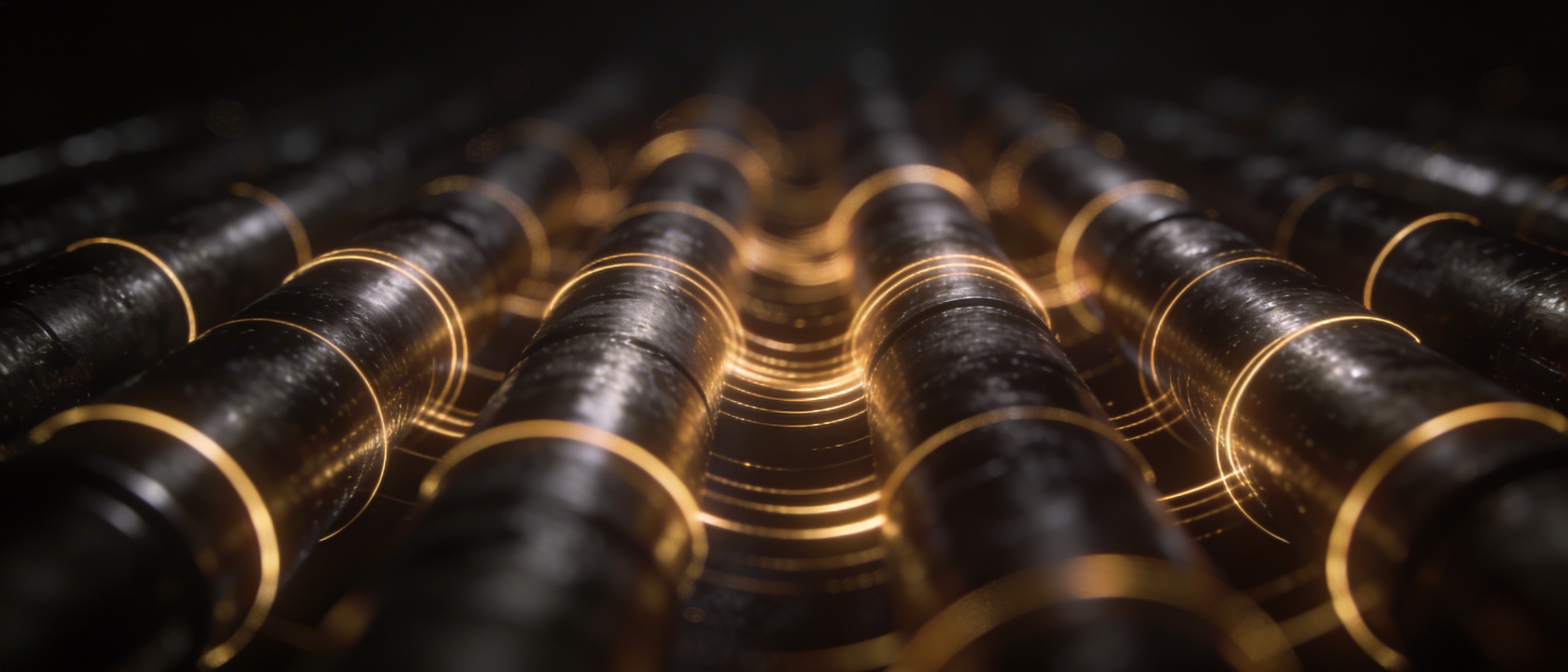 Parallel dark metallic tubes with gold signal ripples flowing between them