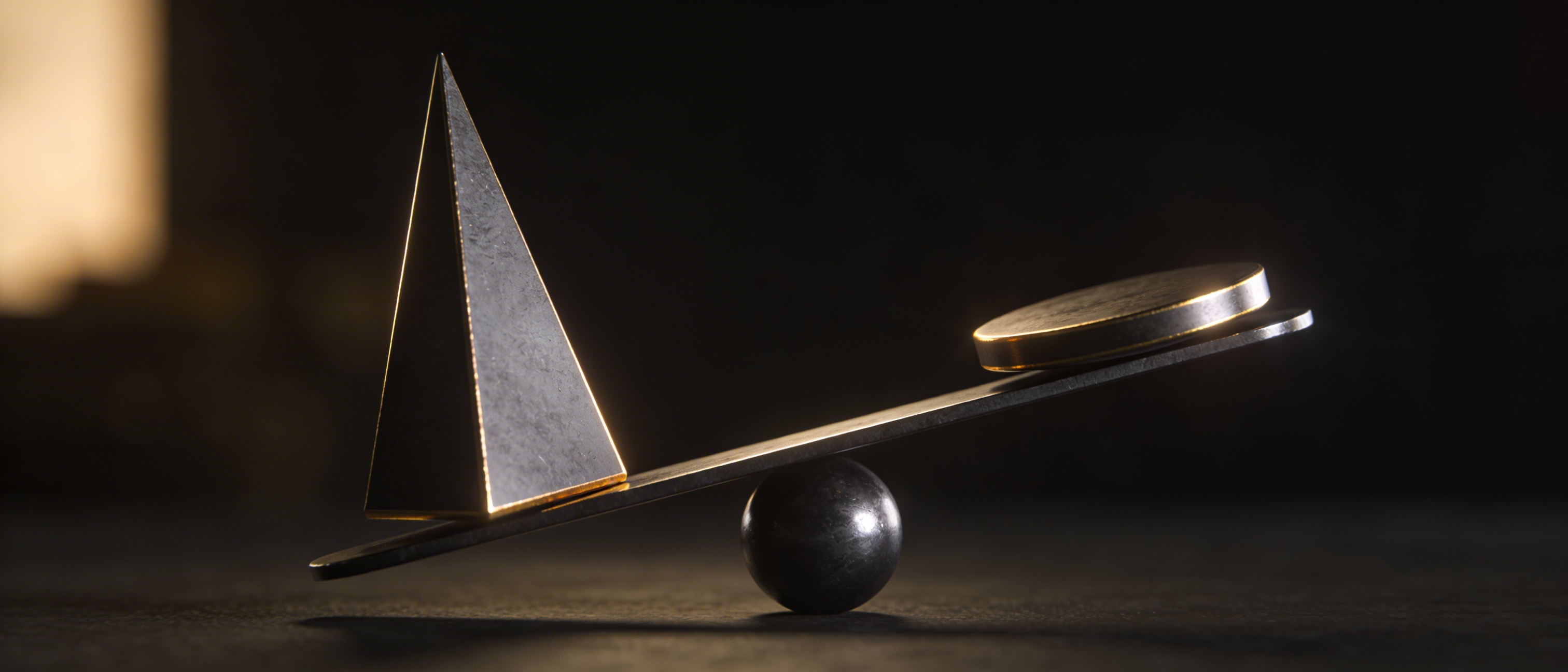 A dark metallic fulcrum balancing two unequal geometric shapes in equilibrium