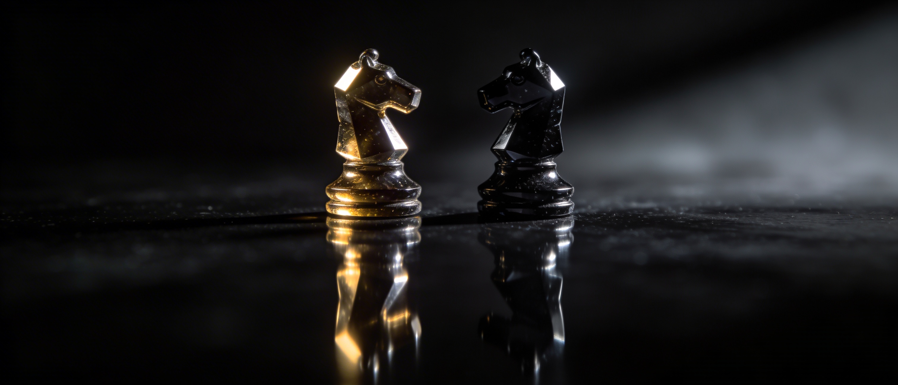 Two identical dark obsidian chess pieces facing each other