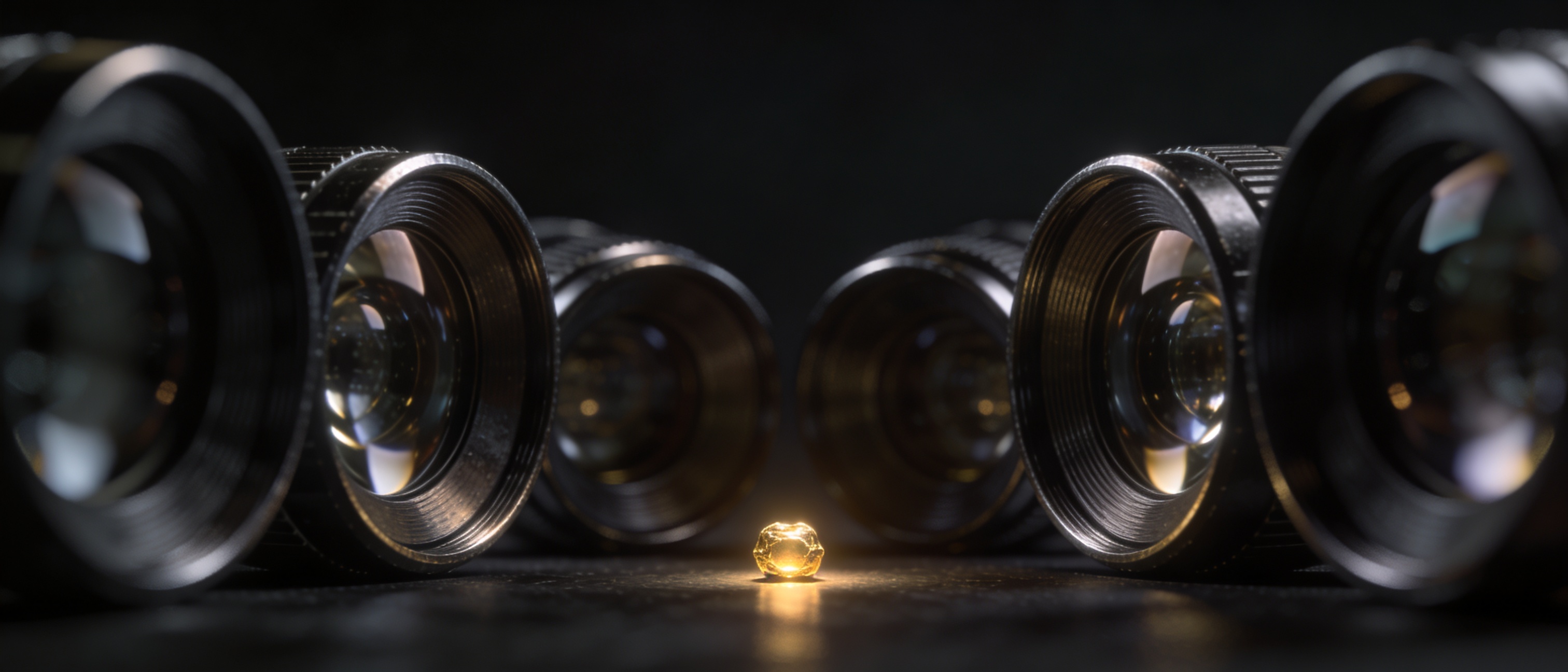 Dark metallic lenses arranged in a semicircle, all focused on a small glowing gold object at center