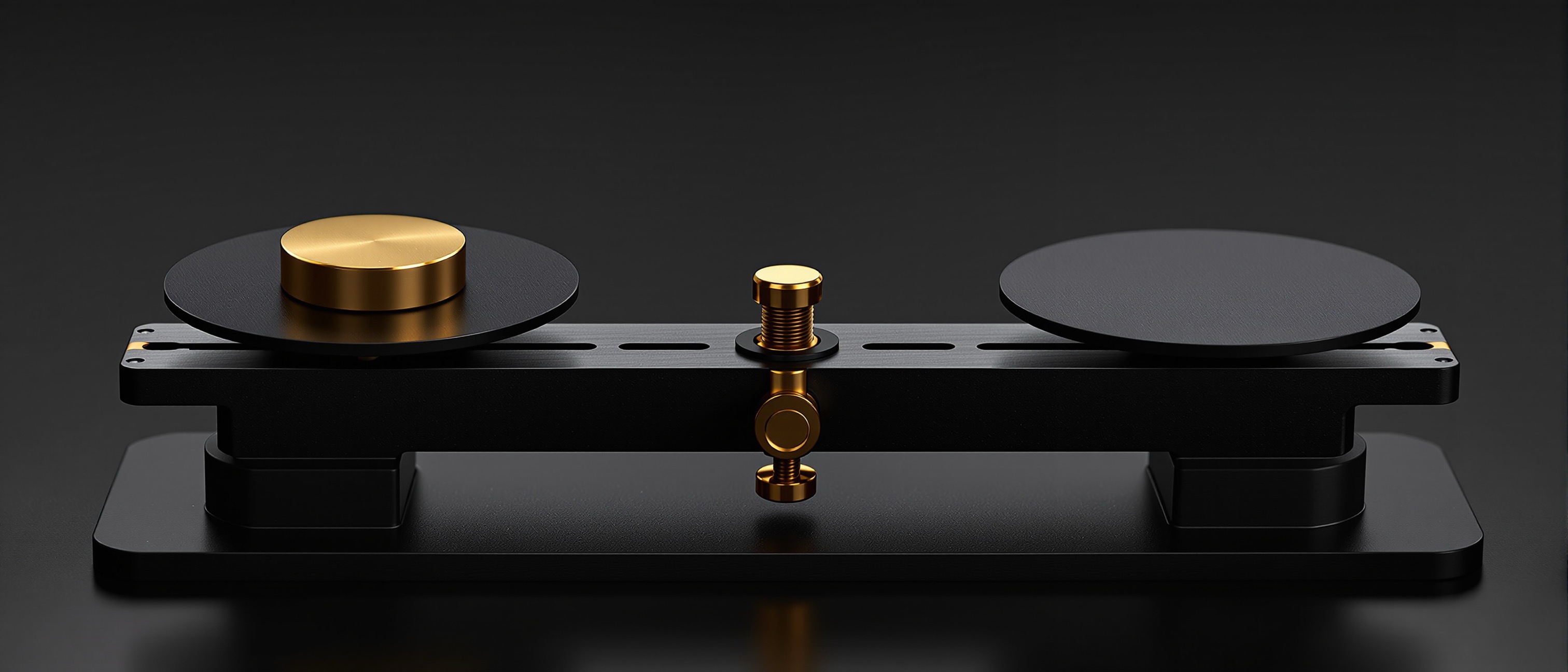 A matte black balance scale resting level, one pan holding a single polished gold reference weight